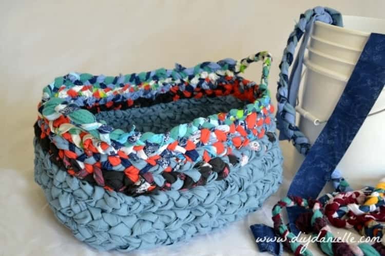 braided basket made from strips of old t-shirts
