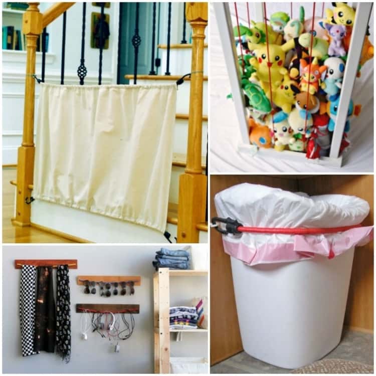 4-photo collage of bungee cord uses - accessories organizer, stuffed animals zoo, short-term baby gate and holding trash can in place