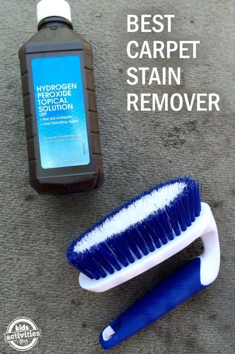 stain removal - bottle of hydrogen peroxide topical solution and scrubbing brush on carpet with the caption BEST CARPET STAIN REMOVER