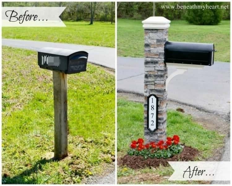 mailbox makeover using cast stone over a wooden pole