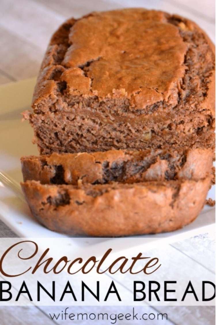 Closeup of loaf of sliced chocolate banana bread