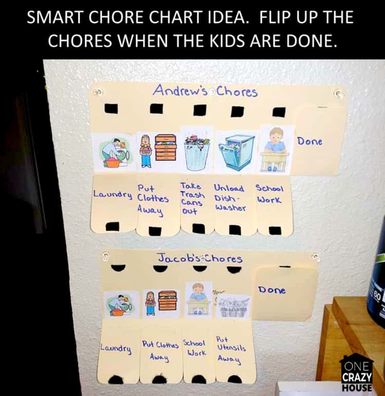 A DIY homemade smart chore chart idea that you can flip up the chores when the kids are done. 