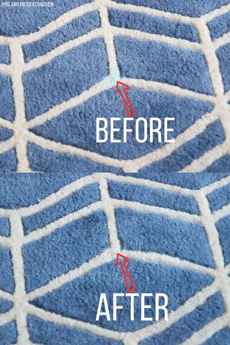 photo collage of light blue carpet with white strips showing the Before and After states of a stain removal 