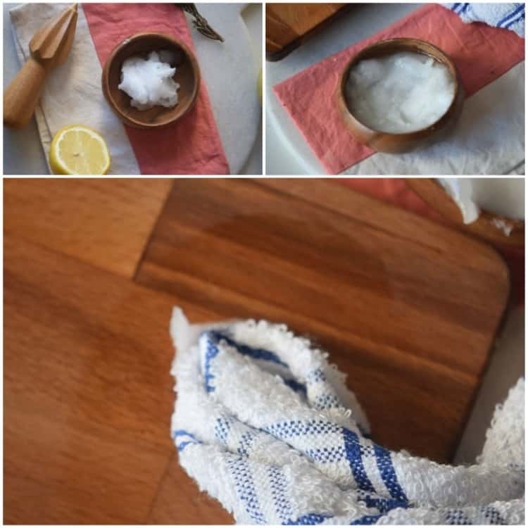 coconut oil collage wood bowls, towel, cutting board, lemon half