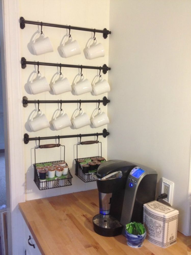 coffee nook with hanging coffee mugs and storage space