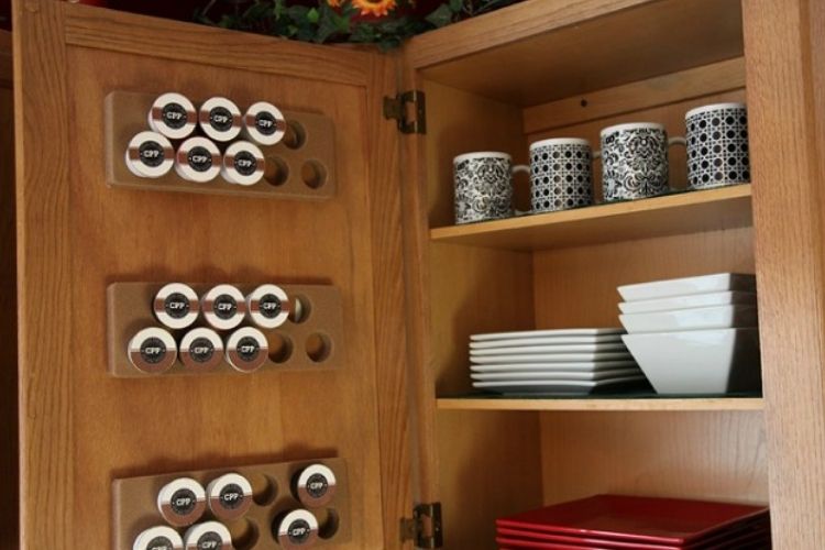 coffee pod storage inside the cabinet door