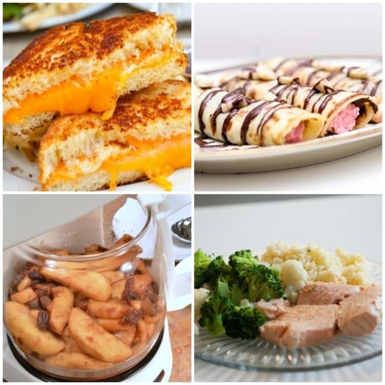 Coffee maker recipes; collage of grilled sandwich, nutella pancakes, boiled apples and steamed salmon