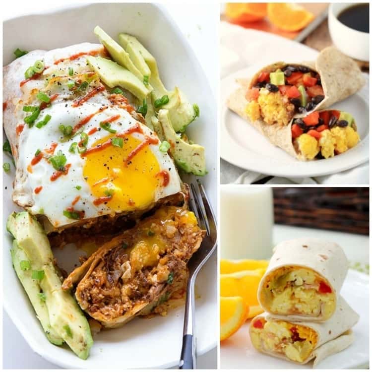 Breakfast burritos; collage of full carb, fruity and bacon burritos
