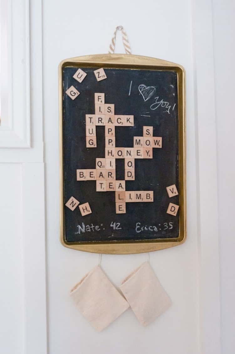 A beautiful magnetic scrabble game made from a cookie sheet 