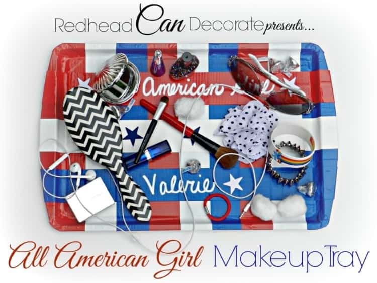 Cookie sheet decorated and turned into American Girl themed Makeup tray