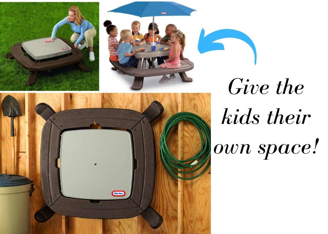 cookout hacks- collage of a woman closing a collapsable child picnic table, 6 children sitting under an umbrella at a child's picnic bench, arial view of folded picnic bench 