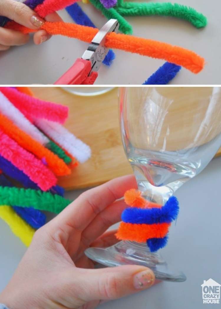 Genius Organization- collage of colorful pipe cleaners being cut with wire clippers, hand holding wine glass with pipe cleaners wrapped around the stem to identify which glass belongs to which guest