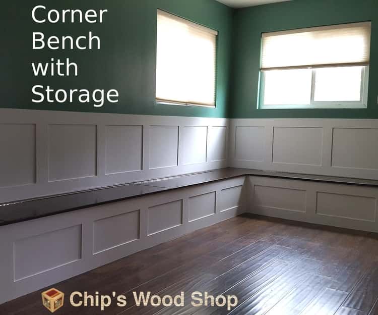 large DIY corner bench with seats that flip up for storage.