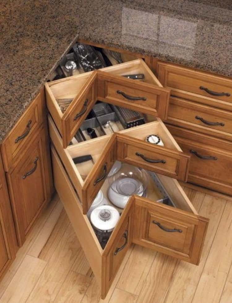  3 diy corner drawers, outside faces of the drawers turn inward, storing silverware, and other kitchen items