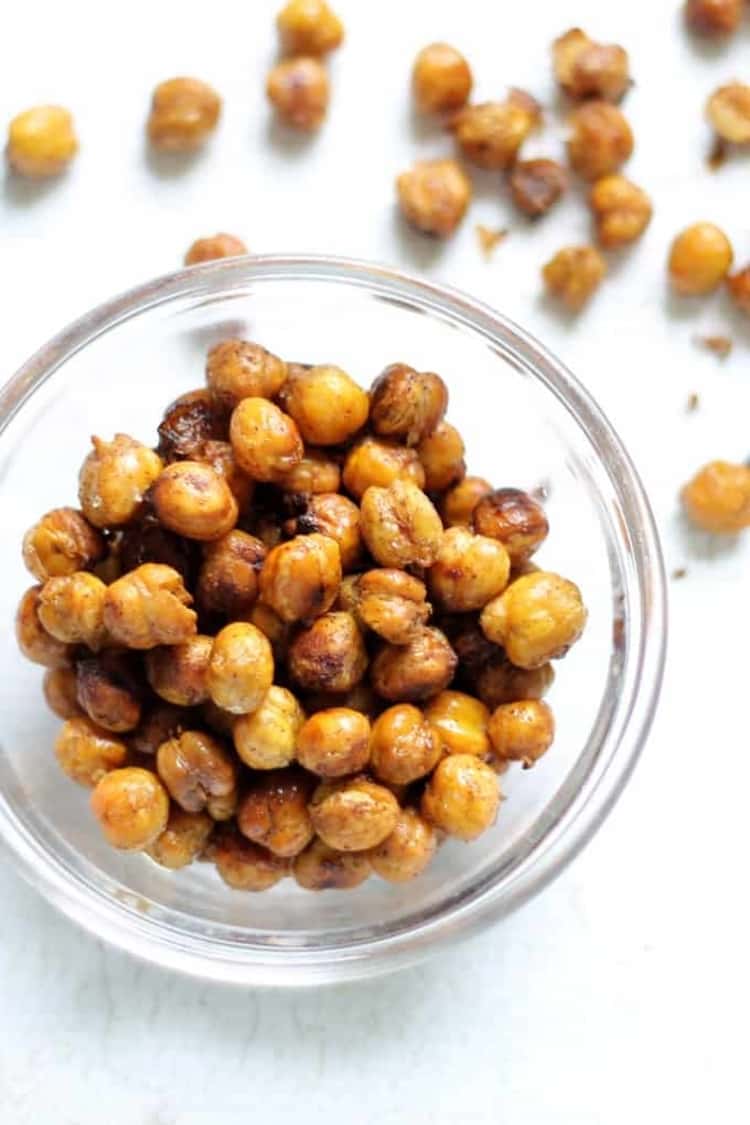bowl of crispy chickpeas - great for a road trip snack!
