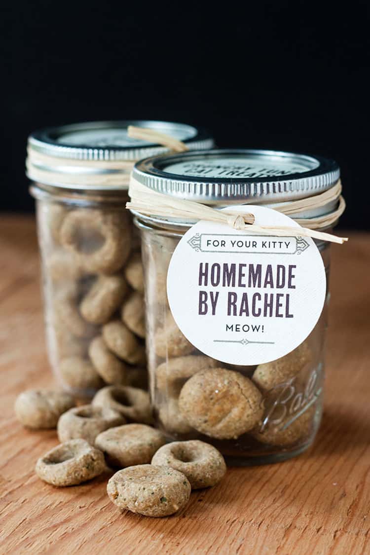 two jars of homemade crunchy tuna cat treats with a label saying "Homemade by Rachel"