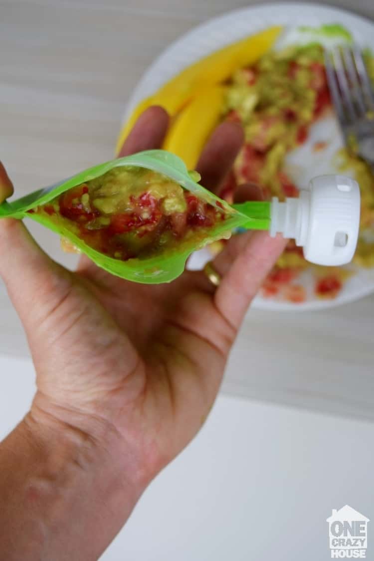 baby foods you can mash - a mixture of mashed fruits in a reusable food pouch 