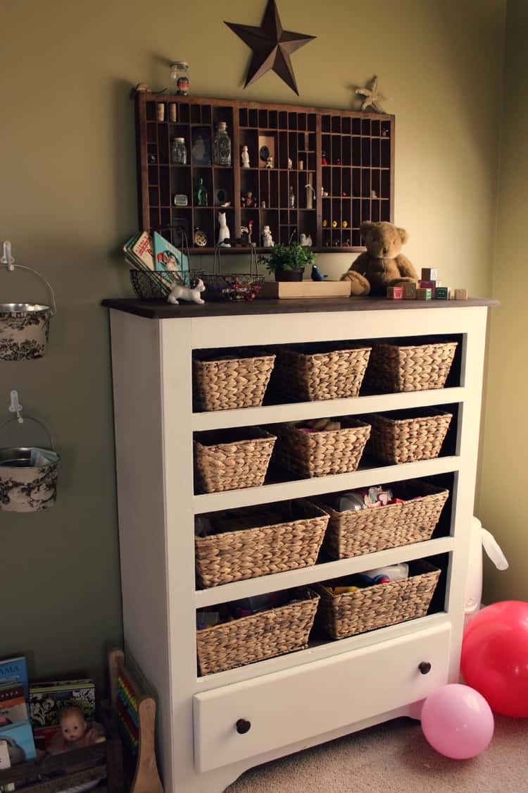 A 5-row dresser full of baskets to replace 4 rows of drawers 