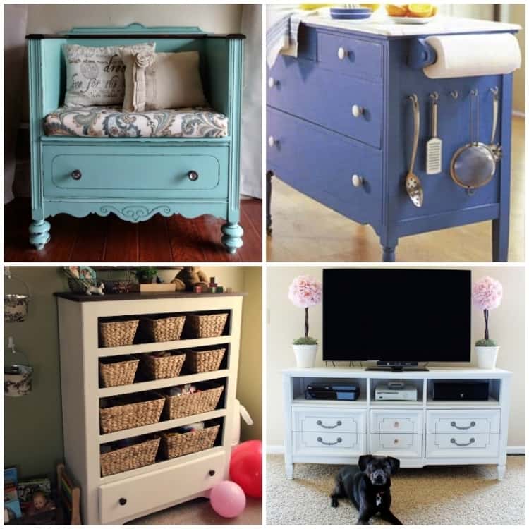 4-photo collage of made over dressers - a kitchen rolling island, a tv stand, 