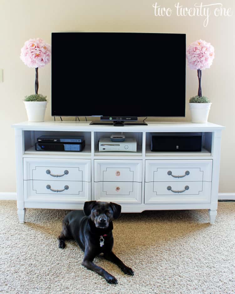 dresser makeovers - white TV stand made over from old dresser. On it is a TV flanked by 2 potted plants, and in front of it lies a black dog. 