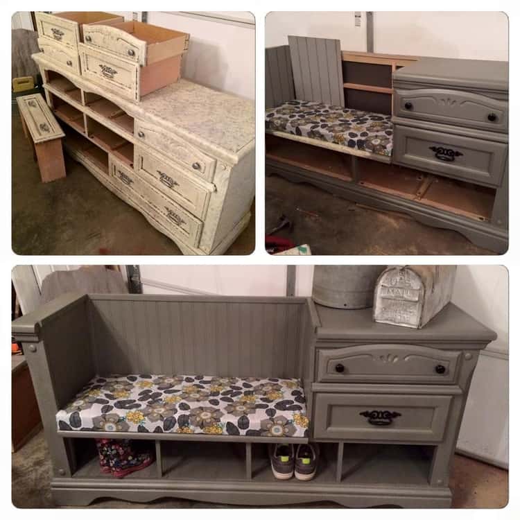 dresser converted into a mudroom organizer with seating space 