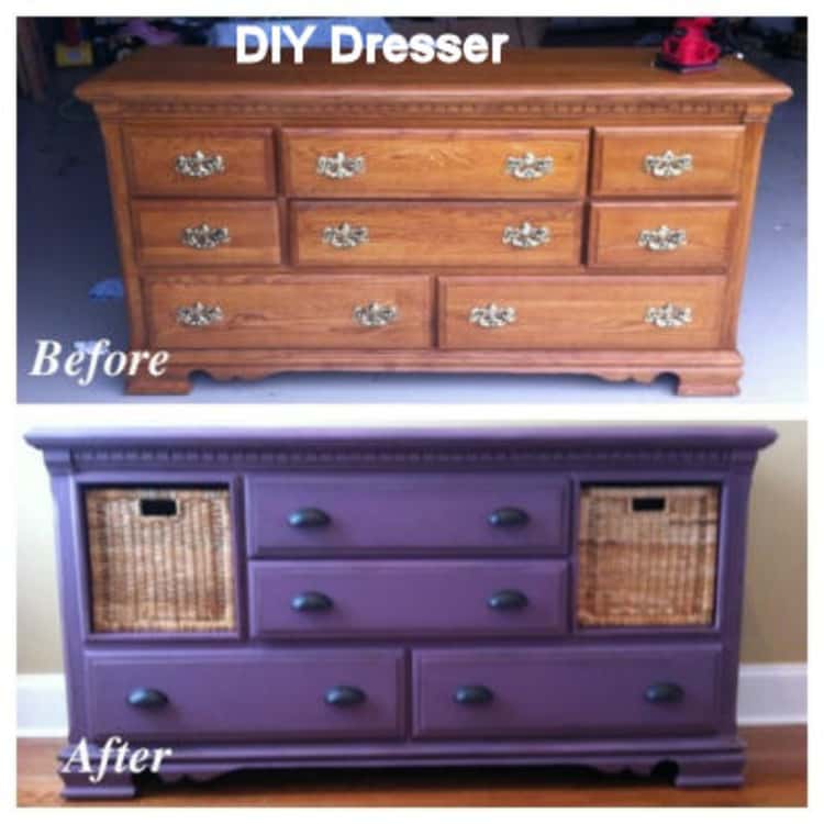 A Before & After photo collage of a DIY Dresser Makeovers through a change of hardware, removing some drawers and replacing them with baskets. 