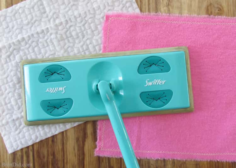 dusting hacks - Swiffer mop on 2 pieces of flannel cloths