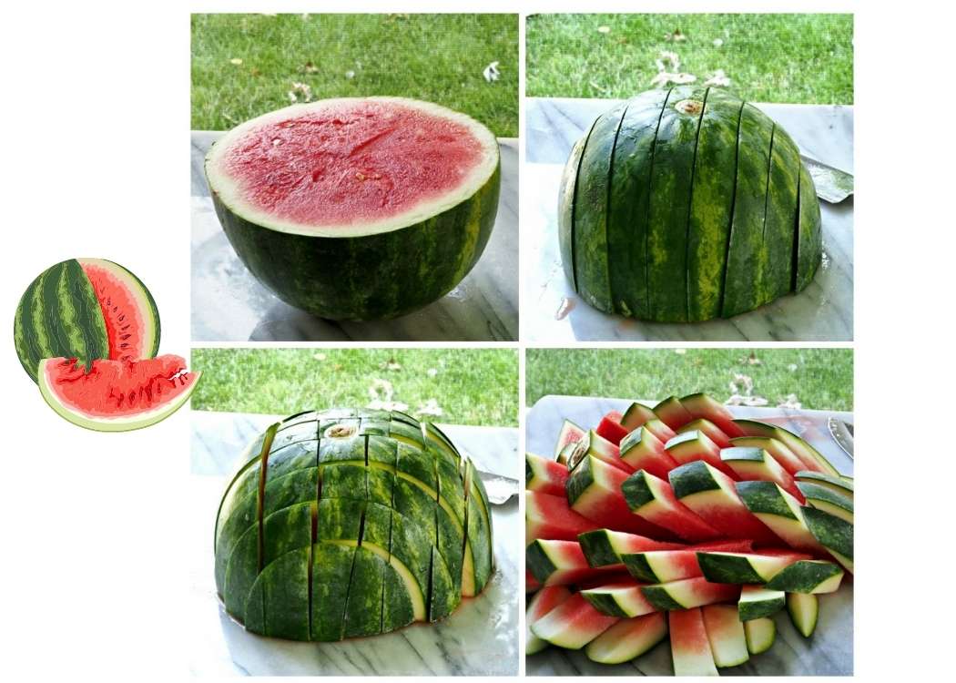 no bake desserts- collage of steps to cut watermelon into finger length wedges