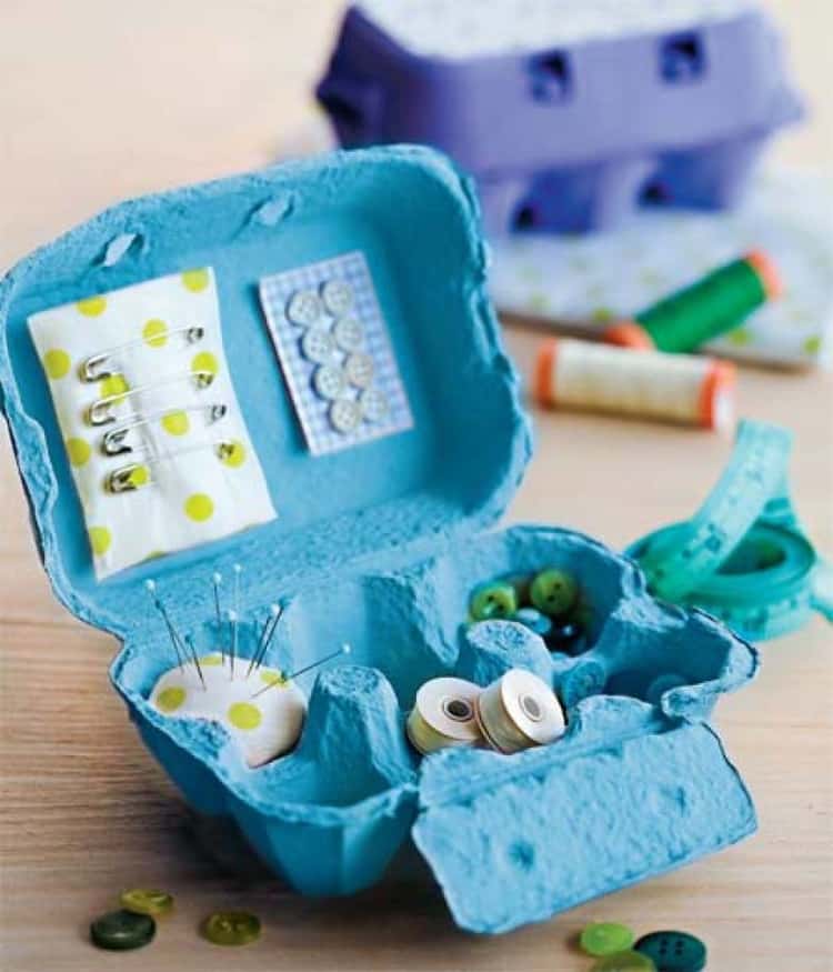 Sewing Kit made from an egg carton