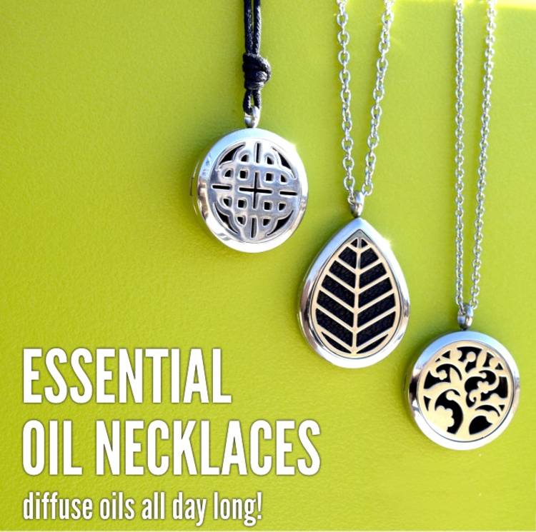 Genius essential oils tips and tricks - image of different kinds of metal diffuser necklace pendants hanging from chains next to the words, "esential oil necklaces - diffuse oils all day long!"