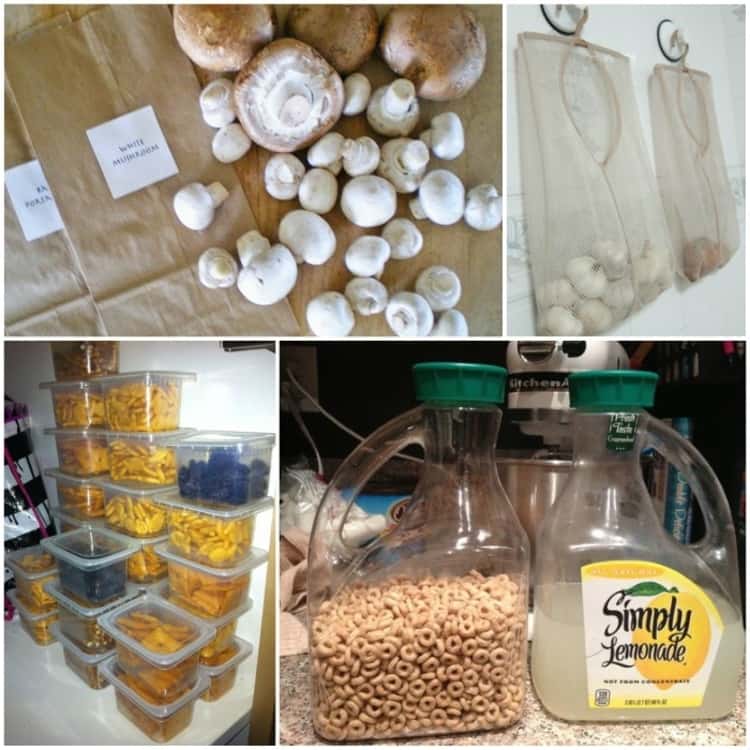 Tips to store food; collage of mushroom paper bags, mesh laundry bags for veggies, baby food containers and lemonade jugs for cereal