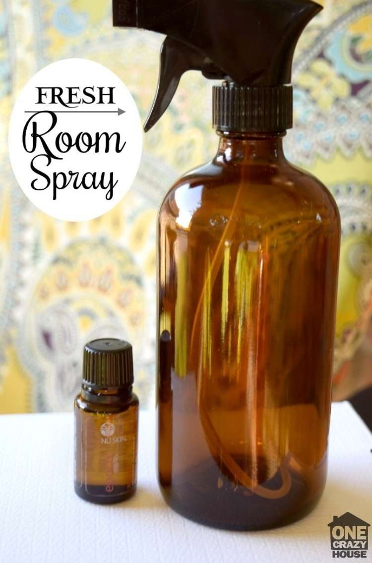 fresh-room-spray with essential oils in amber glass bottle