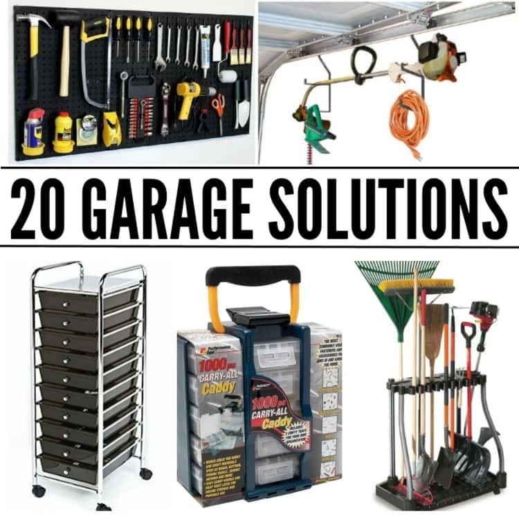 20 garage solutions; collage of pegboard, add-a-hook, stackable bin rack, tool organizer, broom stand