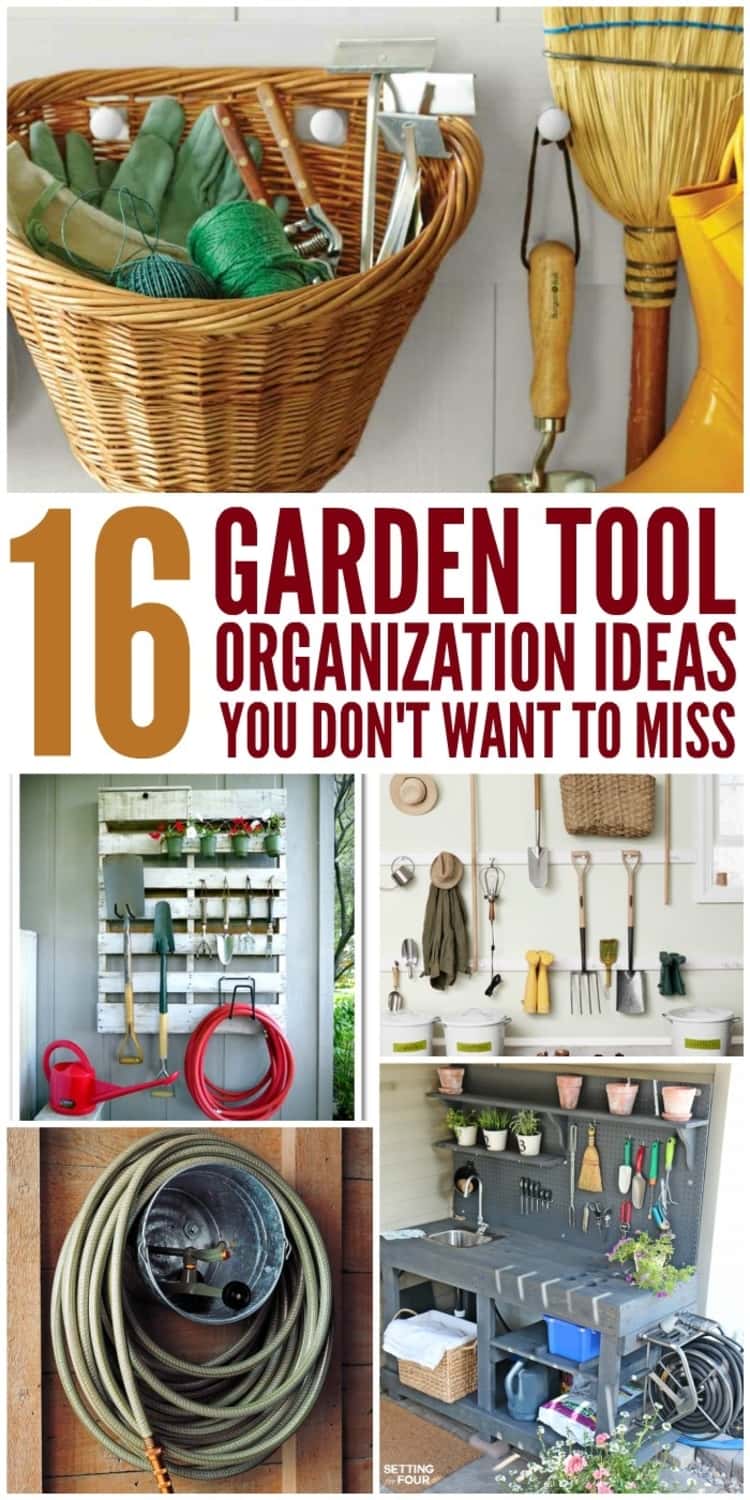 16 Garden Tool Organization Ideas like hanging tools on garage wall, wrapping hose around tire rim on wall, putting tools in wicker basket, etc.