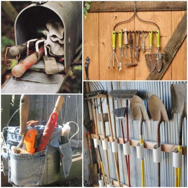 garden tool organization images with mailbox holding hand tools, old rake with hanging garden tools from it, diy bucket with garden tools in jean pockets, garden tool rack with tools standing upright against the wall.