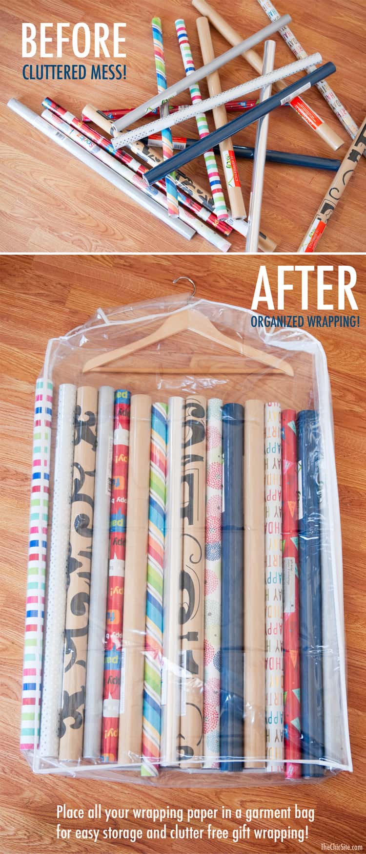 clear garment bag that hangs used to store long gift wrap paper rolls