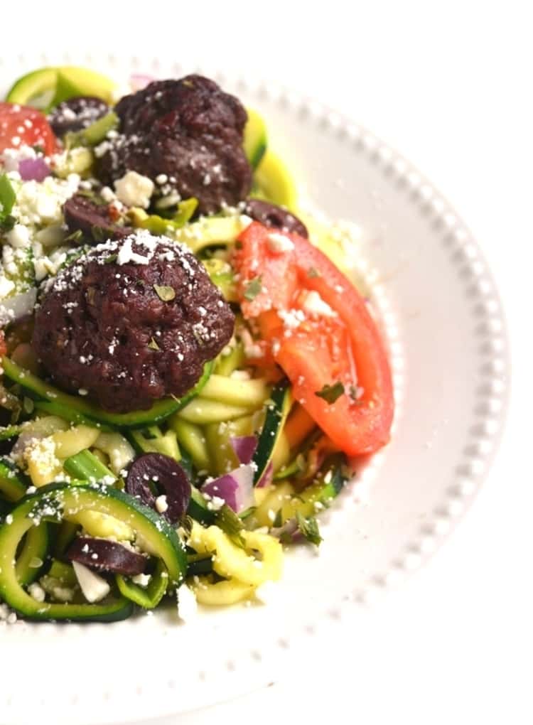 spiralizer recipe - Greek Meatball Zoodle Bowl