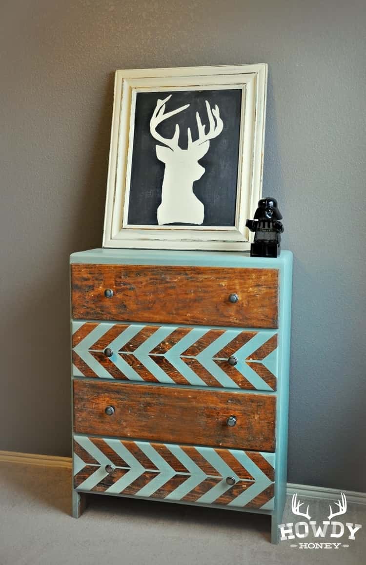 dresser makeover - old dresser update with using paint and herringbone design on some drawers