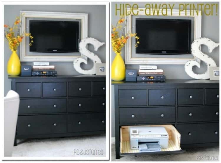 side by side photo, 1st one is a black dresser with a tv on top. second image is the same dresser and the bottom drawer open with a white printer inside
