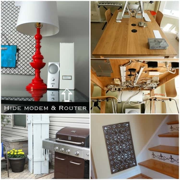 collage clever organization ideas such as hiding cords under a desktop, hiding a modem in a magazine rack, putting a mat over the ugly vent and hiding the water meter behind a wooden divider.
