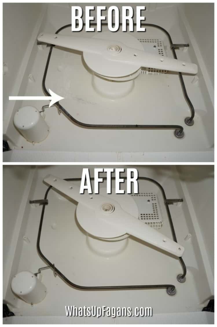 before and after pics of the inside of a white dishwasher using bar keepers friend to clean it.