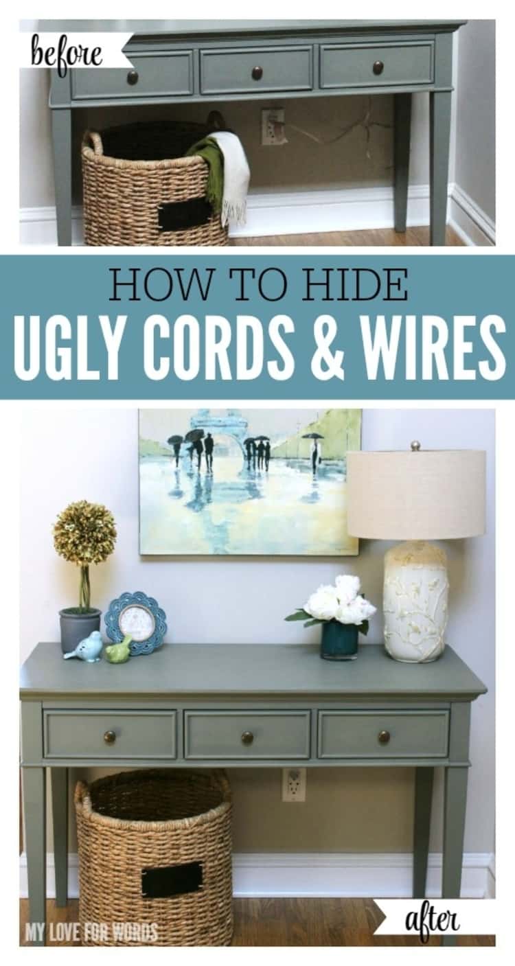 how to hide ugly cords and wires before and after picture with command hooks. desk and lamp, basket underneath. 