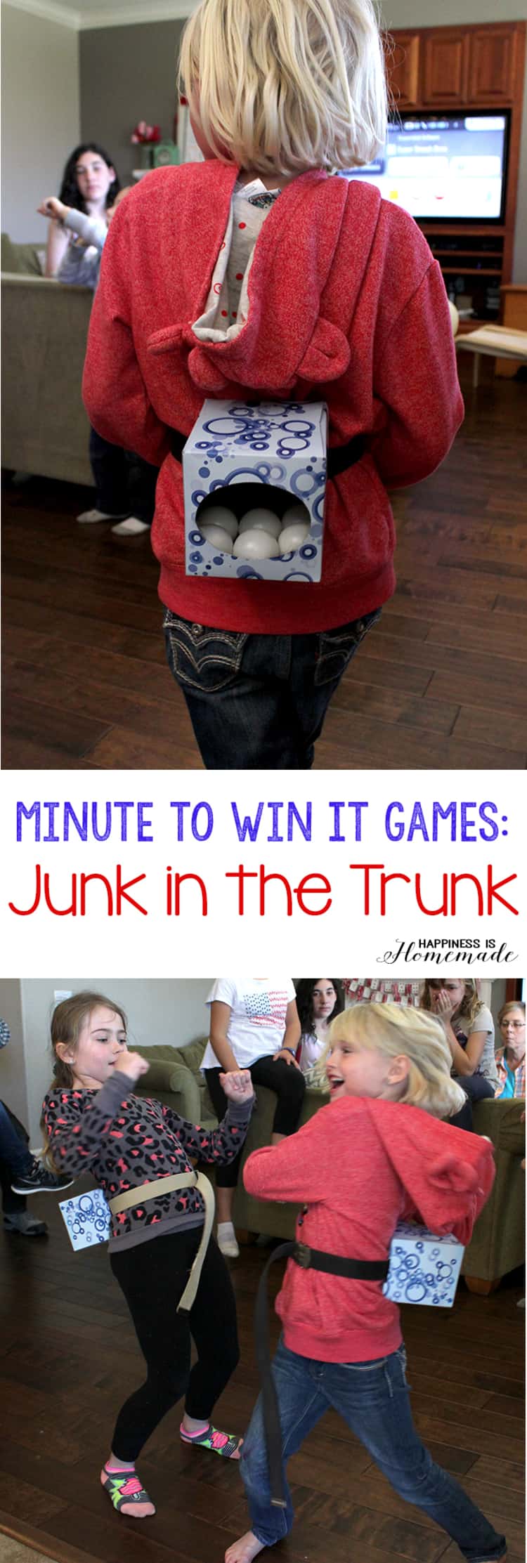 tissue box uses - 2 photo collage of 'Junk In The Trunk' - tissue box filled with ping pong balls and tied at the back of each kid 