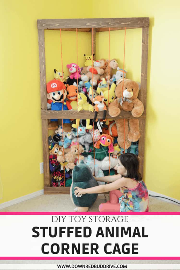 use corner space with a diy corner cage for kids stuffed animals with a little girl playing with a stuffed animal on the floor in front