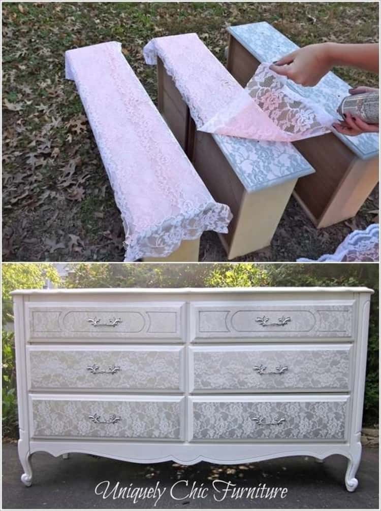 2-photo collage of made over dresser and when it's drawers are getting the painted over dry lace being peeled off