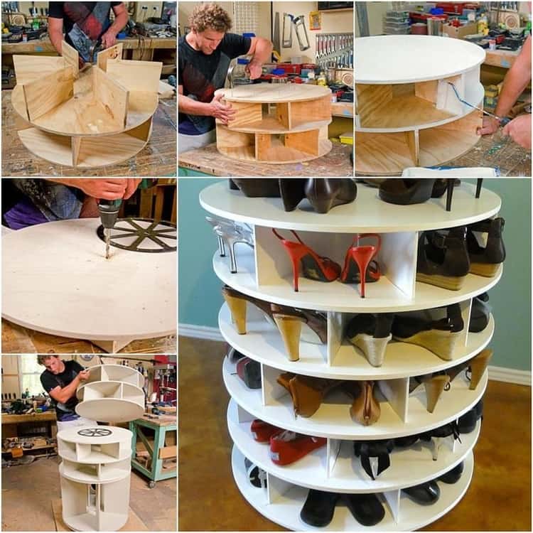 6-photo collage of the making of a Lazy Susan shoe organizer/rack