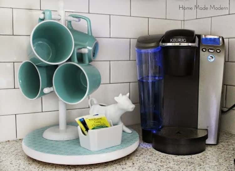 coffee station organized using a Lazy Susan 