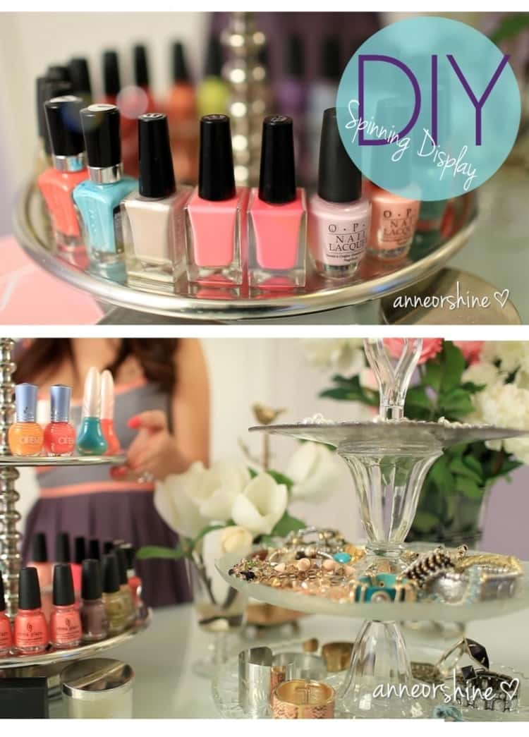 2-photo collage of DIY spinning display for nail polish and jewelry 