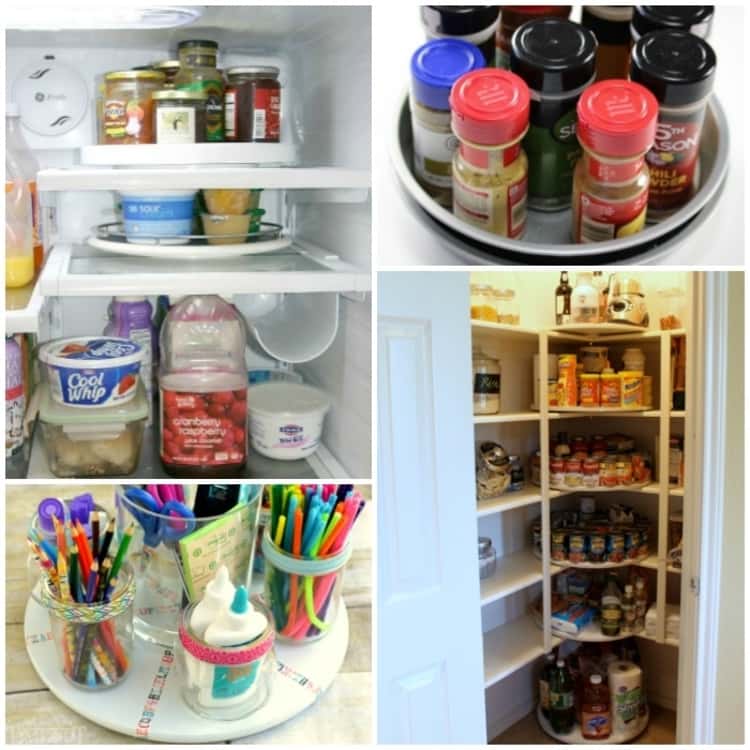 4-photo collage of ways to organize with a Lazy Susan - condiment organization in fridge, spice rack, making use of pantry corners, and for an organized kids homework station 