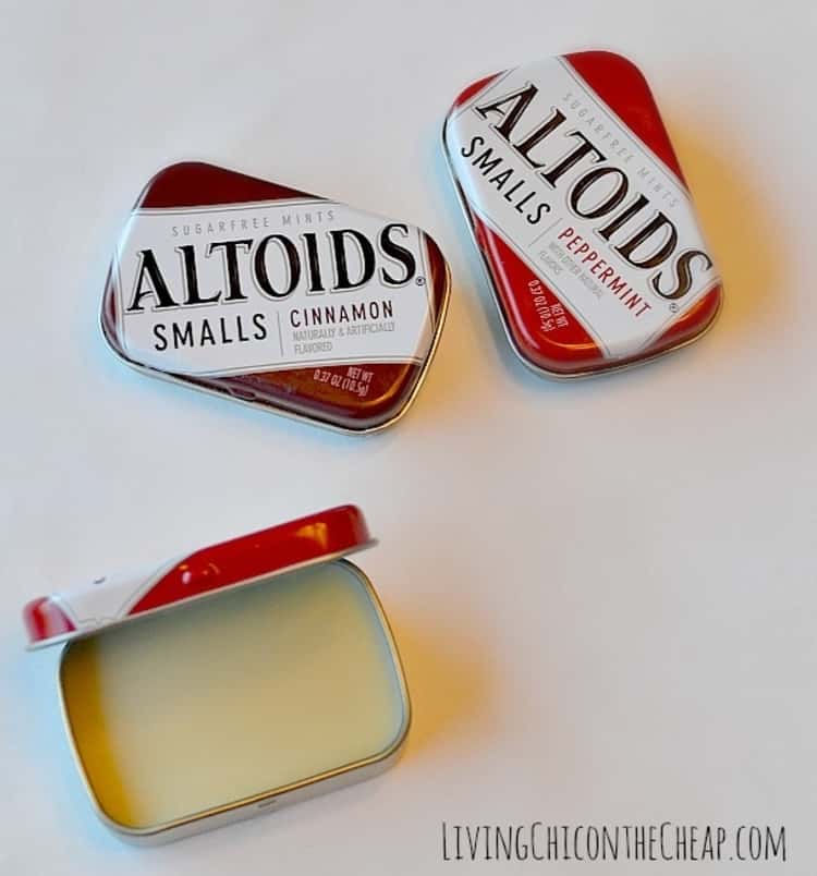 DIY lip balm poured inside altoid tins, 3 tins in the picture